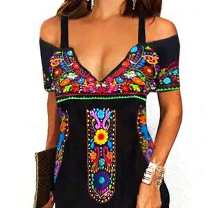 MODAL & POLYESTER SIZE M COLD SHOULDER EMBOSSED BRIGHT PRINT ON BLACK MINI DRESS